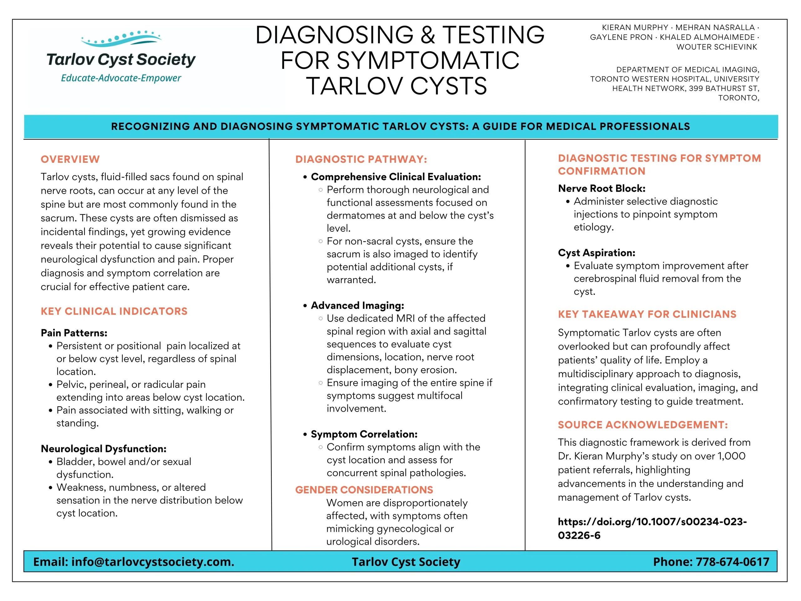 Tarlov cyst diagnostic guide for medical professionals outlining clinical indicators, diagnostic pathways, imaging, symptom correlation, and confirmatory testing.